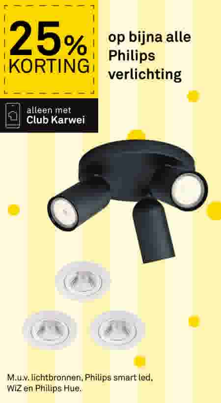 Advertentie met 25% korting op Philips verlichting via Club Karwei. Zwarte driespot en witte inbouwspots op gele achtergrond.