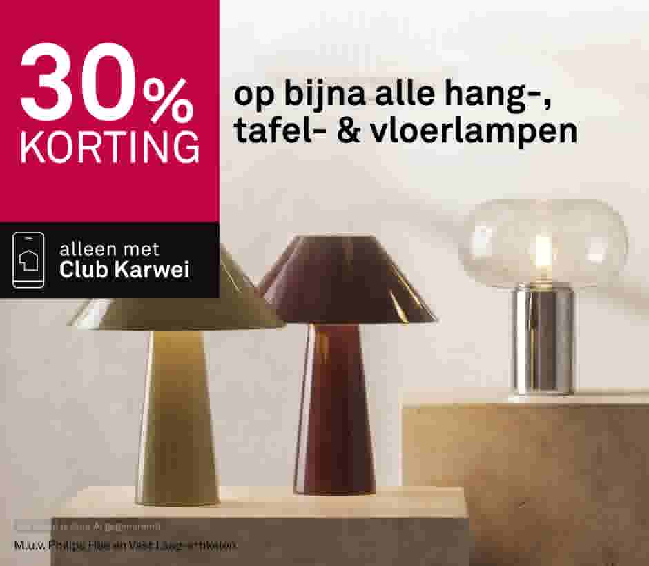 30% korting op hang-, tafel- en vloerlampen. Alleen met Club Karwei. Drie moderne designlampen getoond op houten blokken.