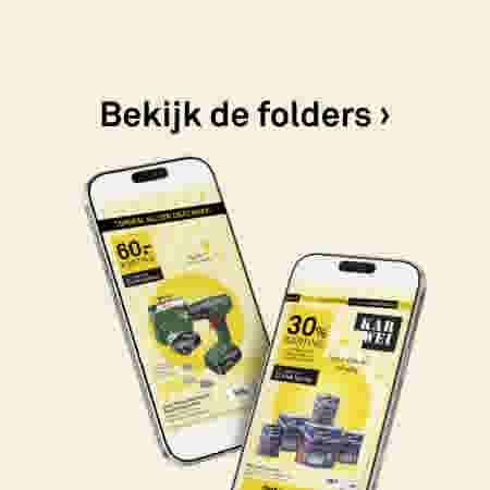 Opengeslagen folder met aanbiedingen, waaronder 40% korting op verf. Tekst bovenaan: Bekijk de folders.