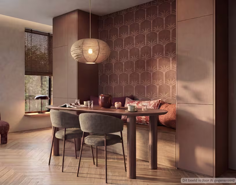 Sfeervolle eetkamer met houten eettafel, ronde papieren hanglamp, bruine tafellamp, warme aardetinten en decoratief behang.