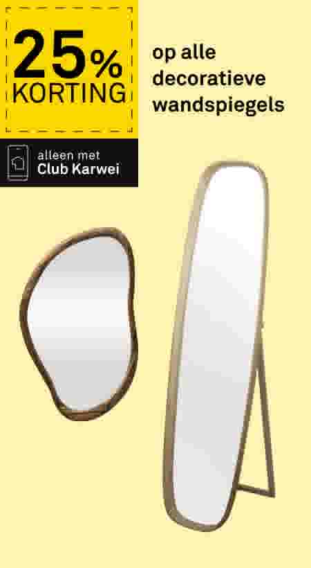 Twee decoratieve spiegels: een organische houten wandspiegel en een staande spiegel met houten lijst. 25% korting, alleen met Club Karwei.