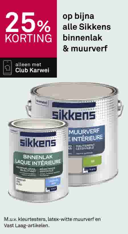 25% korting op Sikkens binnenlak en muurverf met Club Karwei, twee verfblikken afgebeeld