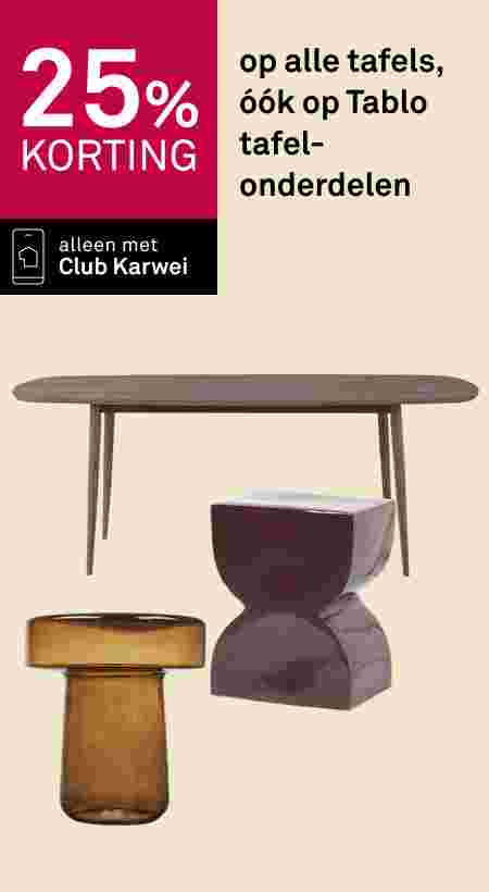25% korting op alle tafels en Tablo tafelonderdelen, alleen met Club Karwei. Afgebeeld: houten tafel, glazen vaas en keramische kruk.