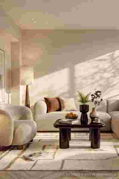 Moderne woonkamer met beige bank, ronde fauteuil, donkere salontafel, planten en natuurlijk licht door ramen.