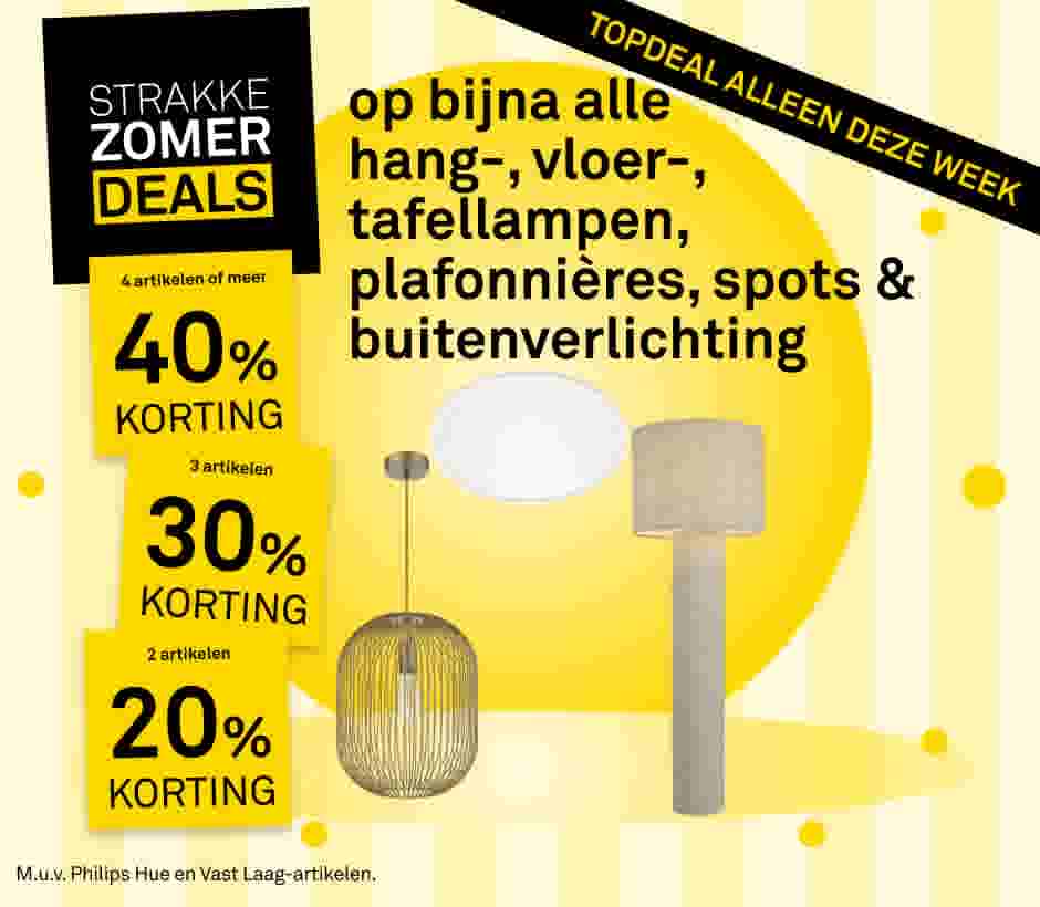Zomeraanbieding op lampen: tot 40% korting op hang-, vloer-, tafellampen, plafonnières en spots. Gele achtergrond met lampafbeeldingen.
