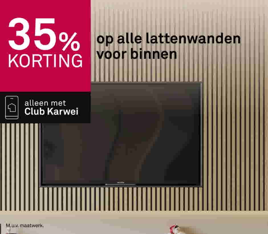 35% korting op alle lattenwanden voor binnen. Alleen met Club Karwei. Houten lattenwand met televisie.