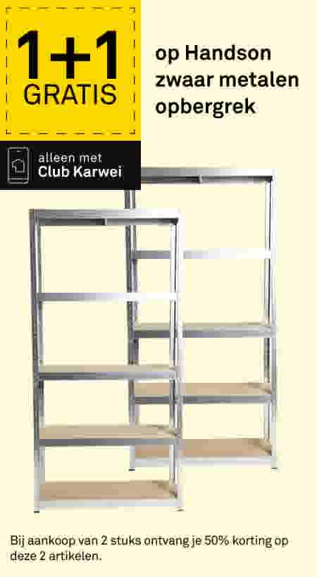 Twee zilveren metalen opbergrekken met houten planken, aanbieding 1+1 gratis bij Club Karwei.