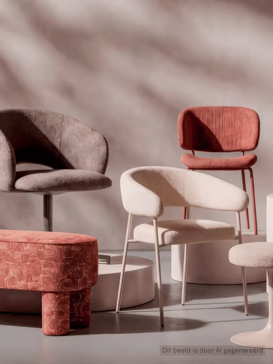 Moderne stoelen in bruine, beige en koraalrode tinten met een gestructureerde poef tegen een neutrale achtergrond.