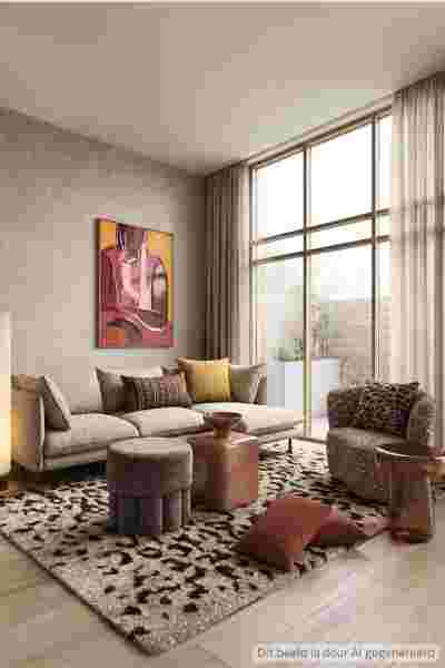 Moderne woonkamer met beige bank, abstract kunstwerk, grote ramen en gevlekt tapijt in warme tinten.