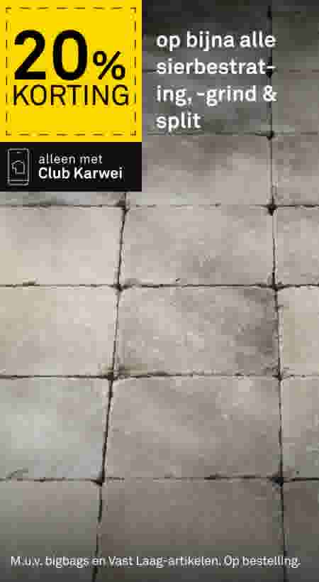 20% korting op sierbestrating, grind en split bij Karwei, alleen met Club Karwei. Grijze betontegels op de achtergrond.