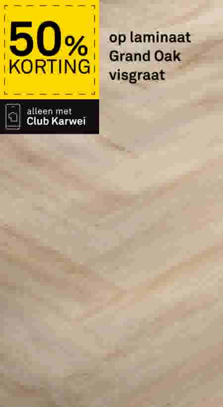 50% korting op laminaat Grand Oak visgraat, alleen met Club Karwei. Lichte houten vloer in visgraatpatroon.