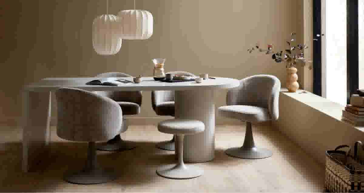 Moderne eetkamer met witte ovale tafel, grijze stoelen, witte hanglampen en een vaas met droogbloemen bij het raam.