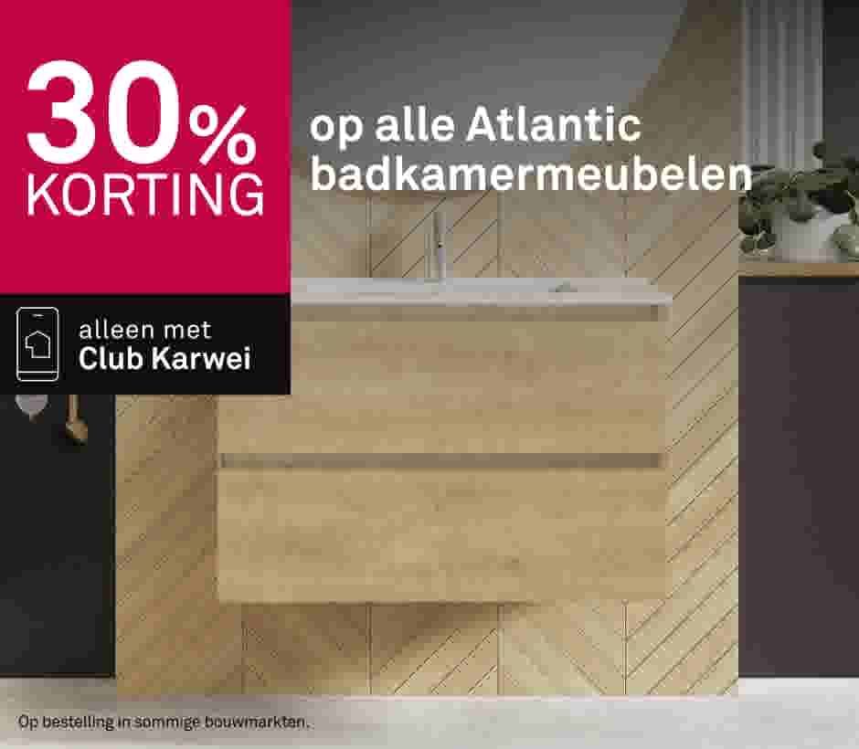 Moderne badkamer met houten wastafelmeubel en visgraat wandtegels, 30% korting op Atlantic badkamermeubelen met Club Karwei