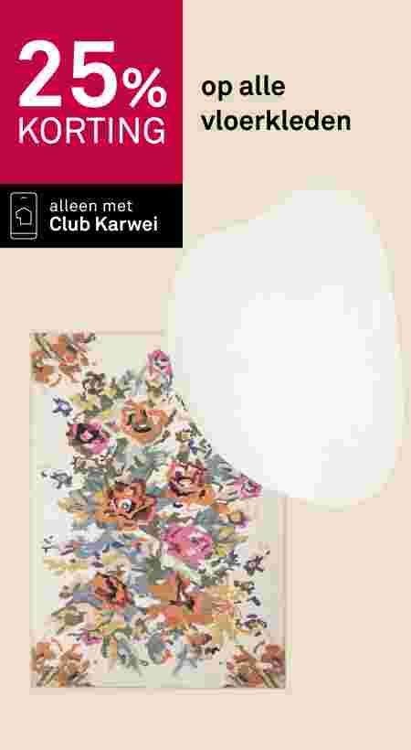 Kleurrijk vloerkleed met bloemmotief in roze, oranje en blauw. Tekst: 25% korting op alle vloerkleden, alleen met Club Karwei.