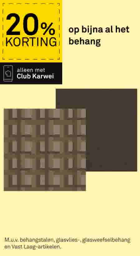 20% korting op bijna al het behang, alleen met Club Karwei. Twee bruine behangstalen op gele achtergrond.