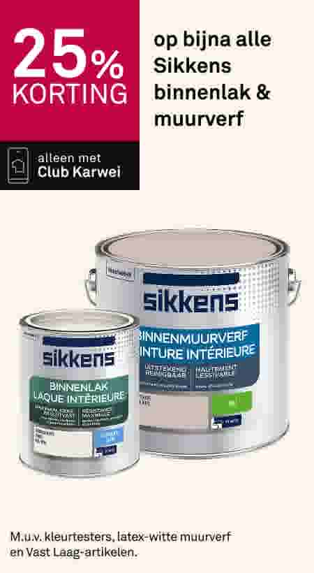 25% korting op Sikkens binnenlak en muurverf. Alleen met Club Karwei. Twee verfblikken.
