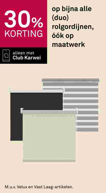30% korting op rolgordijnen bij Karwei. Drie rolgordijnen in zwart, beige en grijs gestreept, alleen met Club Karwei.