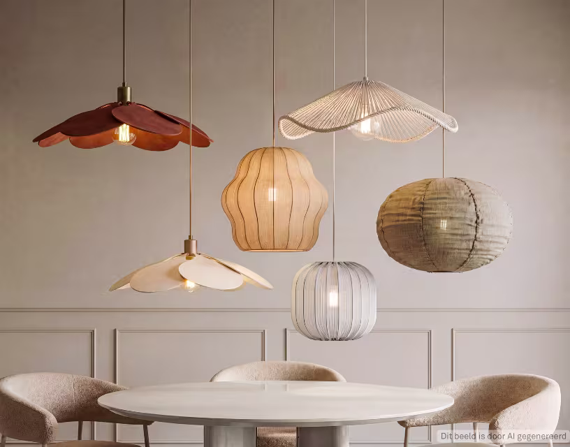 Diverse hanglampen in organische vormen in een woonkamer boven een eettafel waar stoelen omheen staan