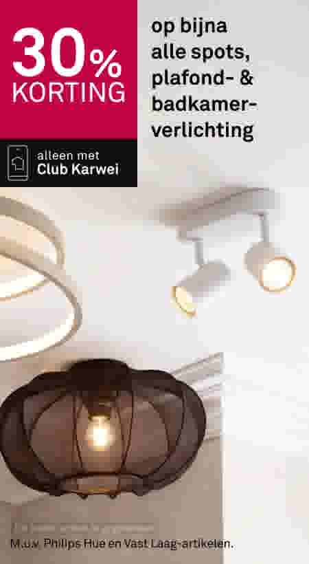 30% korting op plafond- en badkamerverlichting,. Alleen met Club Karwei. Diverse verlichtingsarmaturen.