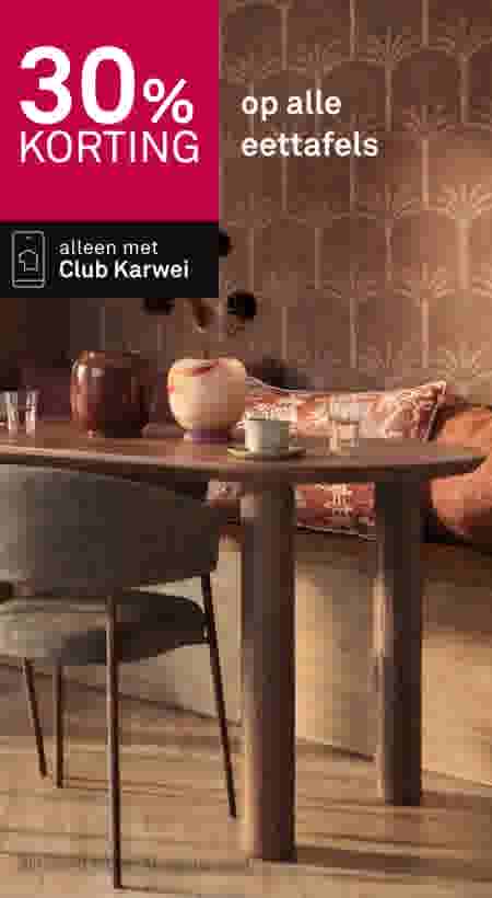 30% korting op alle eettafels, alleen met Club Karwei, getoond met moderne eetkamer in bruintinten