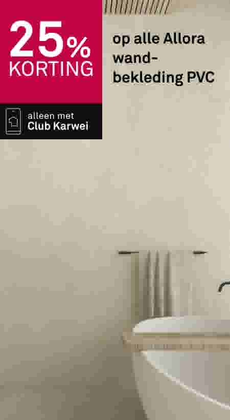 25% korting op alle Allora wandbekleding PVC. Alleen met Club Karwei. Badkamer met beige wandbekleding, witte wastafel en handdoek.