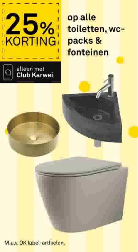 25% korting op toiletten, wc-packs en fonteinen bij Club Karwei. Afgebeeld: gouden fontein, zwart hoekfontein en grijs toilet.