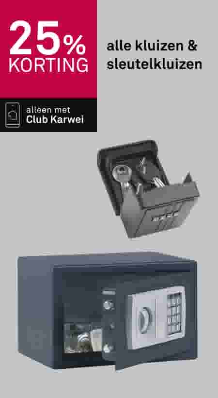 25% korting op alle kluizen en sleutelkluizen, alleen met Club Karwei. Afbeelding toont een grijze kluis met digitaal slot.