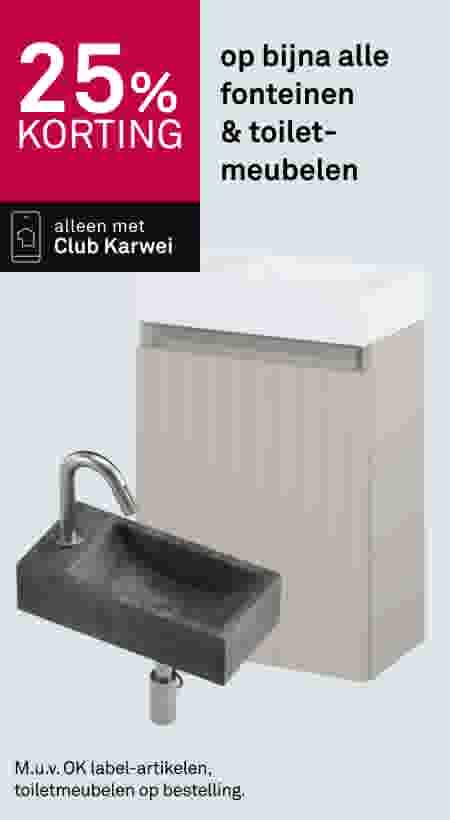 25% korting op fonteinen en toiletmeubelen met Club Karwei, getoond met compact zwart fontein en beige kastje