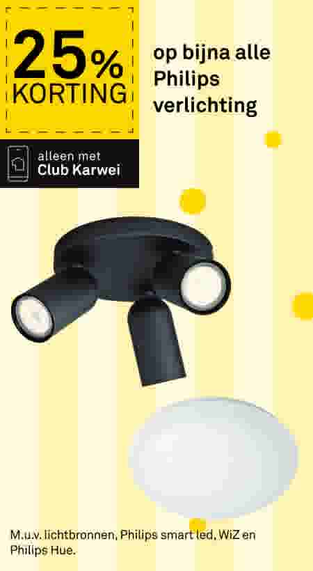 Advertentie met 25% korting op Philips verlichting. Zwarte driespots lamp en witte plafondlamp op gele achtergrond.