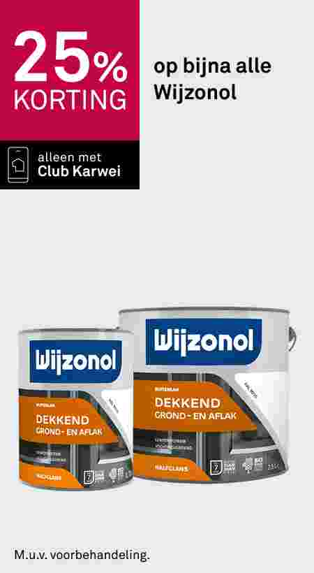 Twee blikken Wijzonol Dekkend Grond- en Aflak verf. Aanbieding: 25% korting op bijna alle Wijzonol, alleen met Club Karwei.