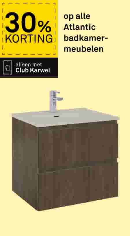 30% korting op Atlantic badkamermeubelen, alleen met Club Karwei. Donkerbruin houten badkamermeubel met wastafel en kraan.