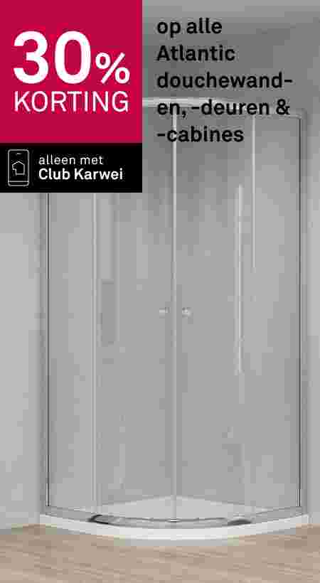 30% korting op Tiger badkamermeubelen via Club Karwei. Moderne witte badkamer met wastafelmeubel, hoge kast en douche.