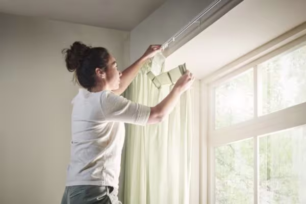 Persoon in wit shirt hangt lichtgroene gordijnen op aan een rail bij een groot raam met natuurlijk licht.