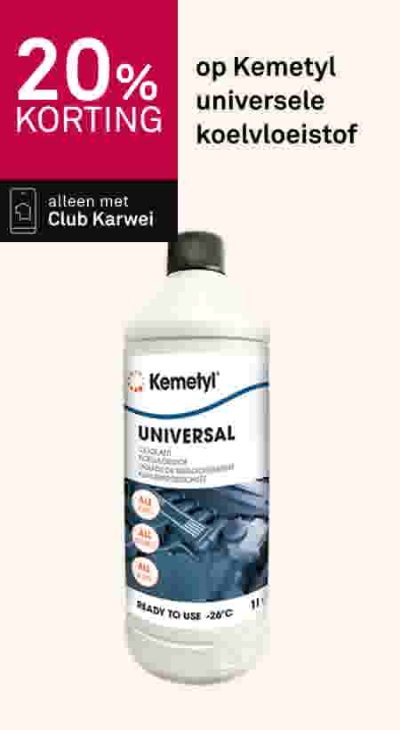 Witte fles Kemetyl Universal koelvloeistof met 20% kortingsbanner en Club Karwei logo op beige achtergrond.