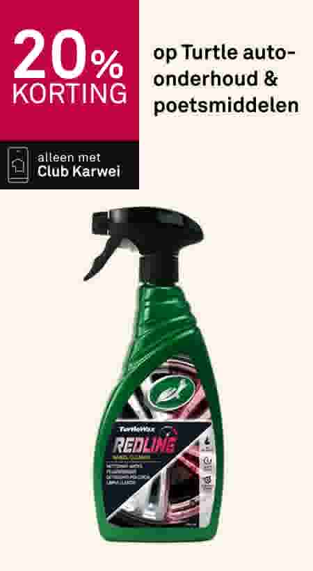 Groene sprayflacon Turtle Wax RedLine velgenreiniger met 20% korting banner voor Club Karwei leden.
