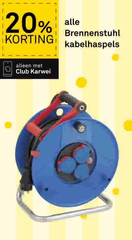Blauwe Brennenstuhl kabelhaspel met rode handgreep en zwart snoer, 20% korting voor Club Karwei leden.