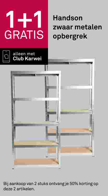Twee zilveren metalen opbergrekken met houten planken, aanbieding 1+1 gratis, alleen met Club Karwei.