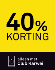Gele banner met zwarte tekst: 40% korting, alleen met Club Karwei. Onderaan een smartphonepictogram op donkere achtergrond.