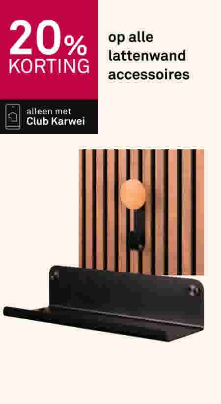 20% korting op alle lattenwand accessoires. Alleen met Club Karwei. Zwarte plank en houten paneel.