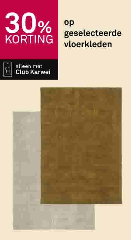 30% korting op geselecteerde vloerkleden met Club Karwei, getoond met twee overlappende tapijten in beige en bruin.