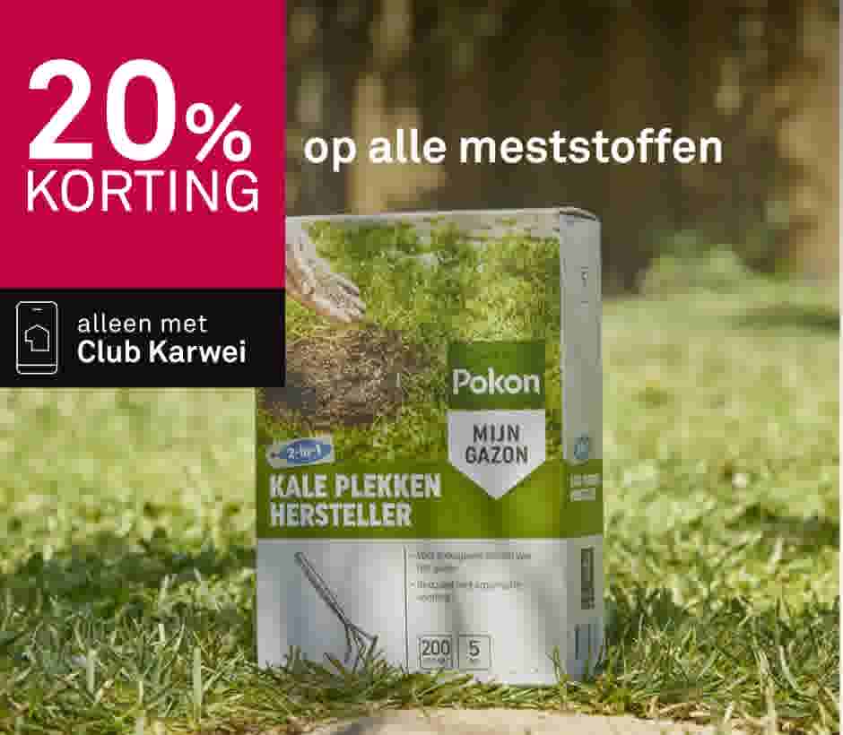 Pokon gazonmeststof verpakking op gras met promotie 20% korting op alle meststoffen, alleen met Club Karwei