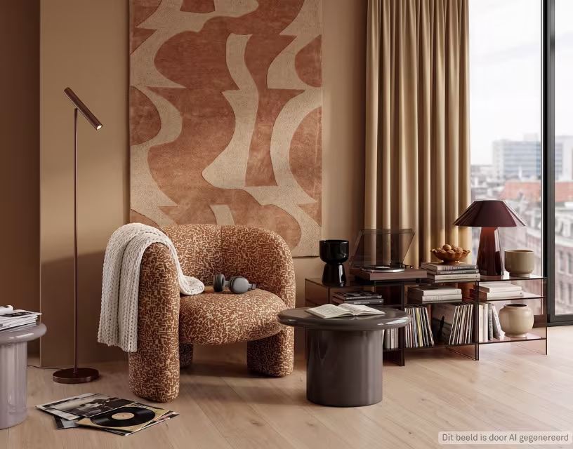 Woonkamer met een fauteuil in beige printstof, een bruine tafellamp, staande leeslamp, lage kast met platen en een groot wandkleed in aardetinten.