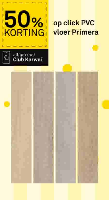 50% korting op click PVC vloer Primera, alleen met Club Karwei. Vier lichte houtkleurige vloerplanken op gele achtergrond.