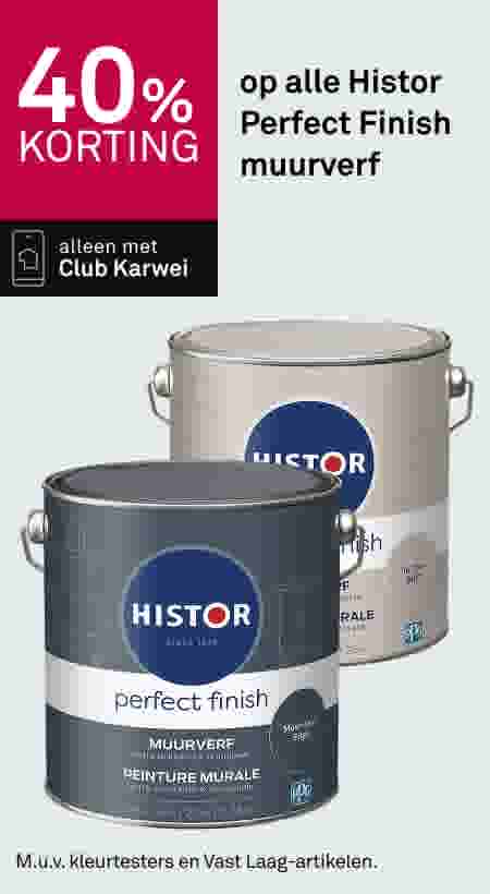 40% korting op alle Histor Perfect Finish muurverf, alleen met Club Karwei. Twee verfblikken afgebeeld.