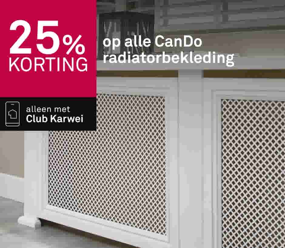 Witte radiatorombouw met decoratief roosterpatroon, promotie voor 25% korting op CanDo radiatorbekleding.