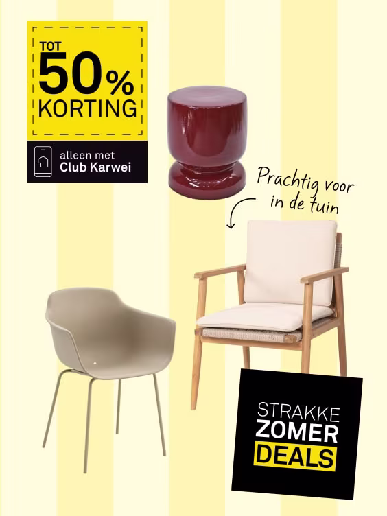 Tuinmeubelen aanbieding met tot 50% korting via Club Karwei: beige stoel, houten fauteuil en rode bijzettafel. Strakke zomerdeals.