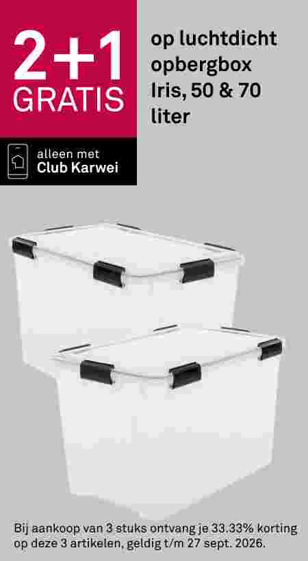 Twee transparante luchtdichte opbergboxen van Iris met zwarte sluitingen, 50 en 70 liter. Aanbieding: 2+1 gratis bij Club Karwei.