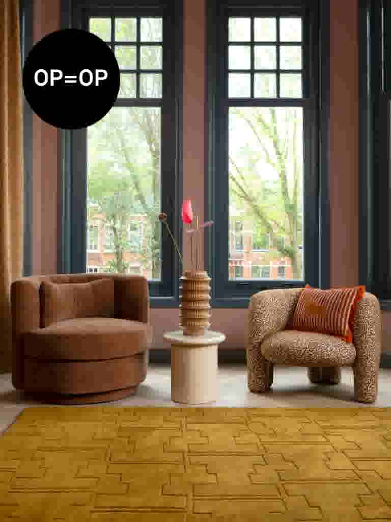 OP=OP. Sfeerbeeld van een woonkamer met een bruine gestoffeerde fauteuil en een luipaardprint fauteuil met gestreept kussen, met daartussen een ronde bijzettafel met vaas en bloemen, op een geel patroonkleed voor grote raampartijen.
