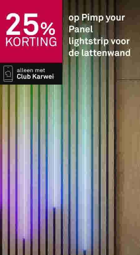 25% korting op Pimp your Panel lightstrip voor de lattenwand met Club Karwei, getoond met kleurrijke LED-verlichting