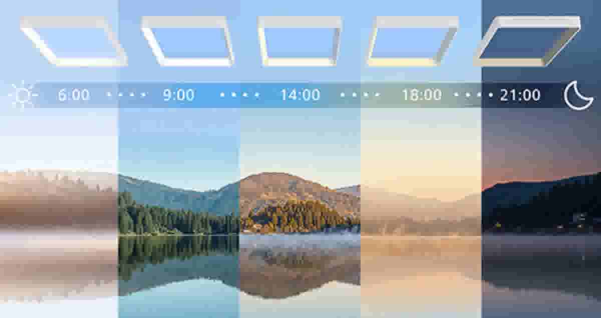 Lamp past kleur aan op tijdstip: van koel blauw licht (6:00) naar warm wit (21:00), weerspiegeld in een meer.